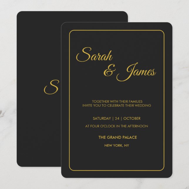 Elegant Black & Gold Typography Wedding Invitation (Front/Back)