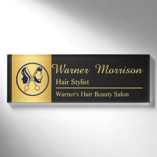 Elegant Black & Gold Unisex Hair Salon Name Tag