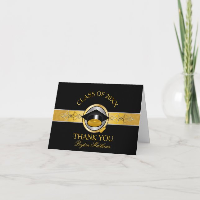 Elegant Black Gold University Graduation Thank You Card (Front)