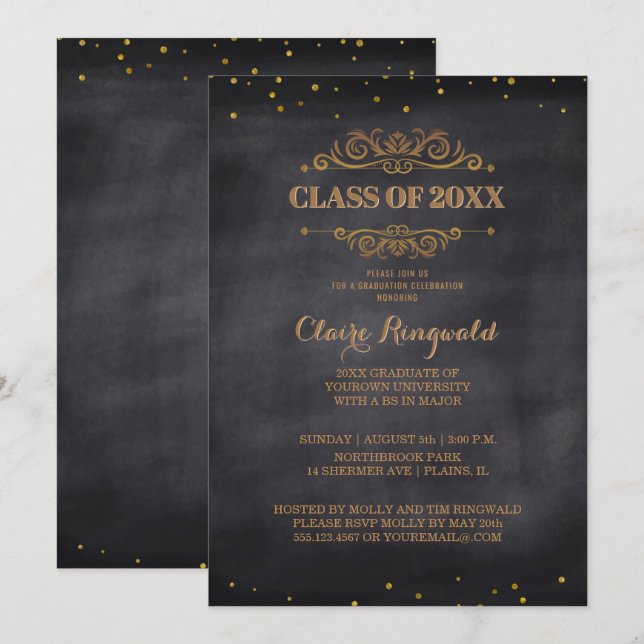 Elegant Black Gold Vintage Classy Graduation Party Invitation (Front/Back)