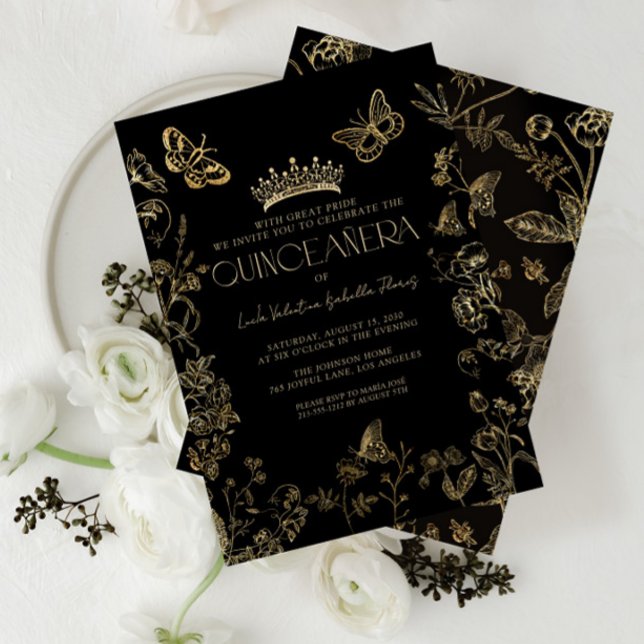 Elegant Black Gold Vintage Floral Quinceañera Invitation (Creator Uploaded)