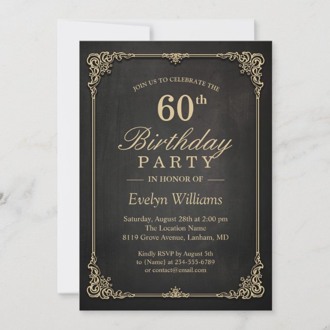 Elegant Black Gold Vintage Frame Birthday Party Invitation (Front)