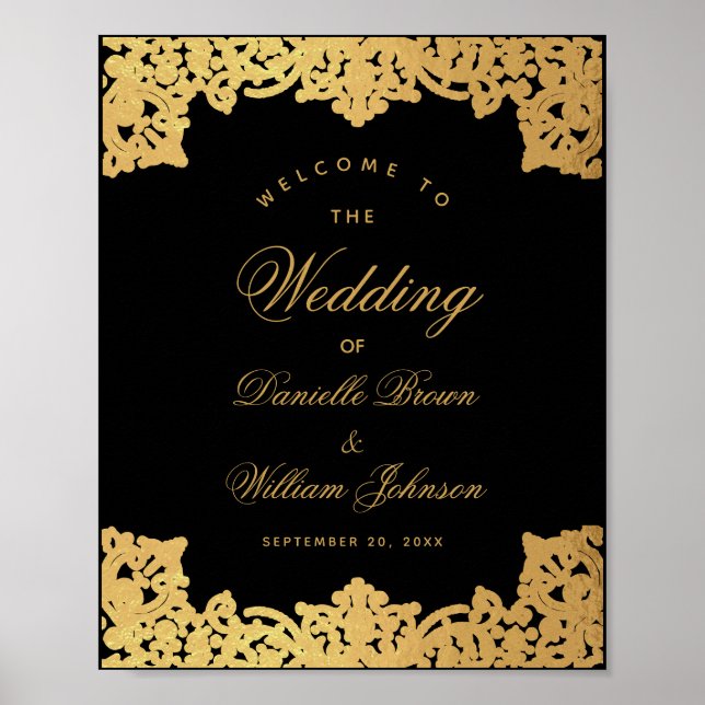 Elegant Black & Gold Vintage Wedding Welcome Sign (Front)
