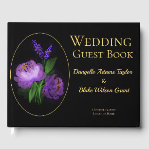 Elegant Black & Gold, Watercolor Floral Wedding Gu Guest Book