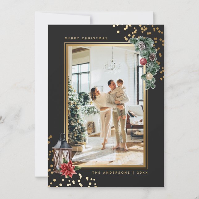 Elegant Black Gold Watercolor Photo Christmas Holiday Card (Front)