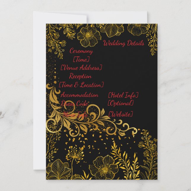Elegant Black & Gold Wedding Details Card |  (Front)