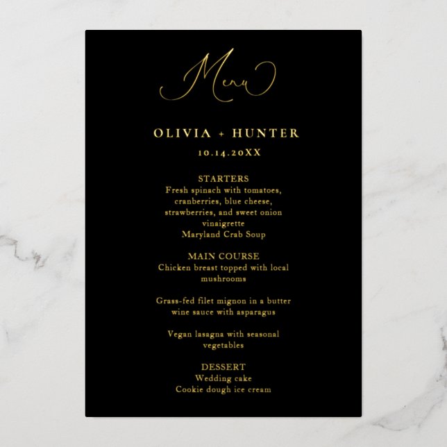 Elegant Black & Gold Wedding Dinner Menu Cards (Front)