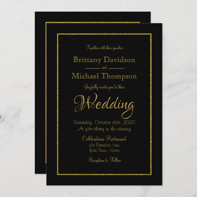 Elegant Black Gold Wedding Invitation (Front/Back)