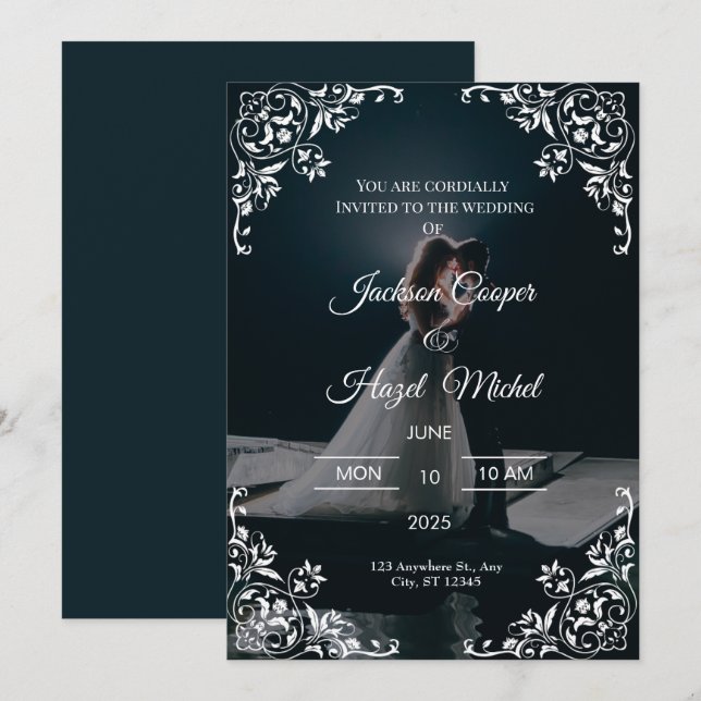 Elegant Black & Gold wedding invitation  (Front/Back)
