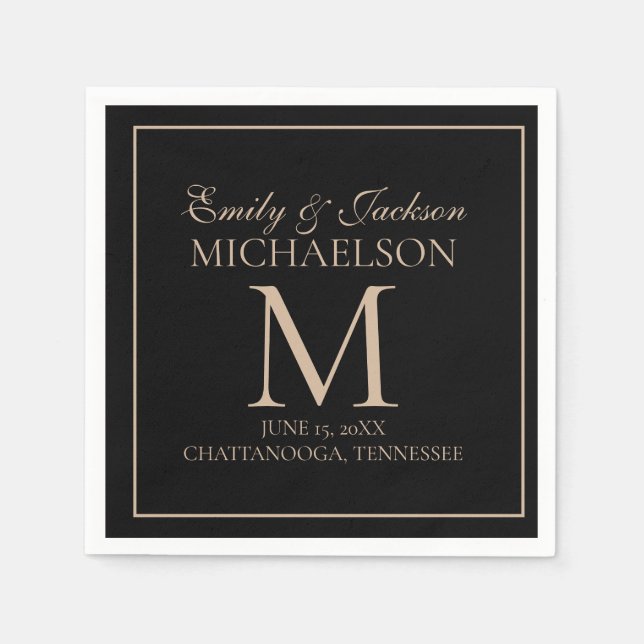 Elegant Black Gold Wedding Monogram Napkin (Front)