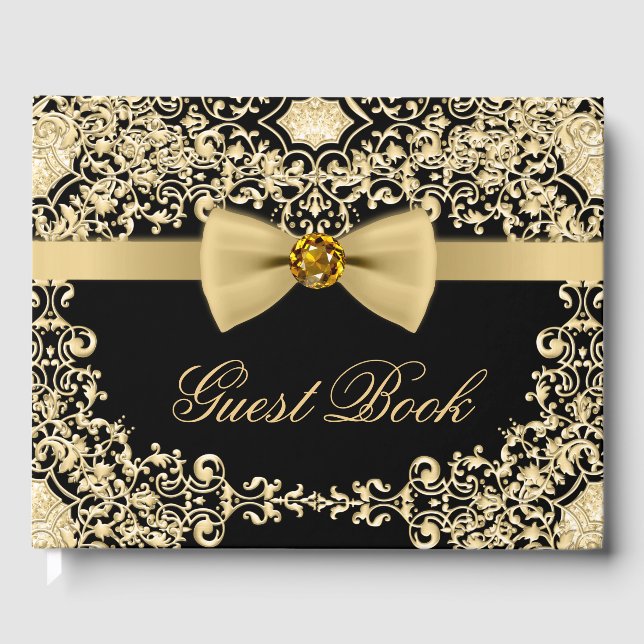 Elegant Black Gold Wedding Party Event Guest Book (Front)
