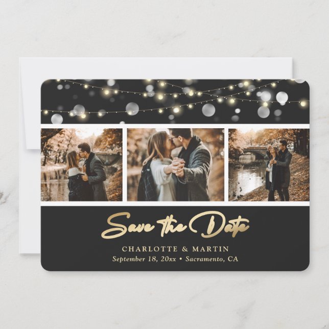 Elegant Black Gold Wedding Photo Save The Date (Front)