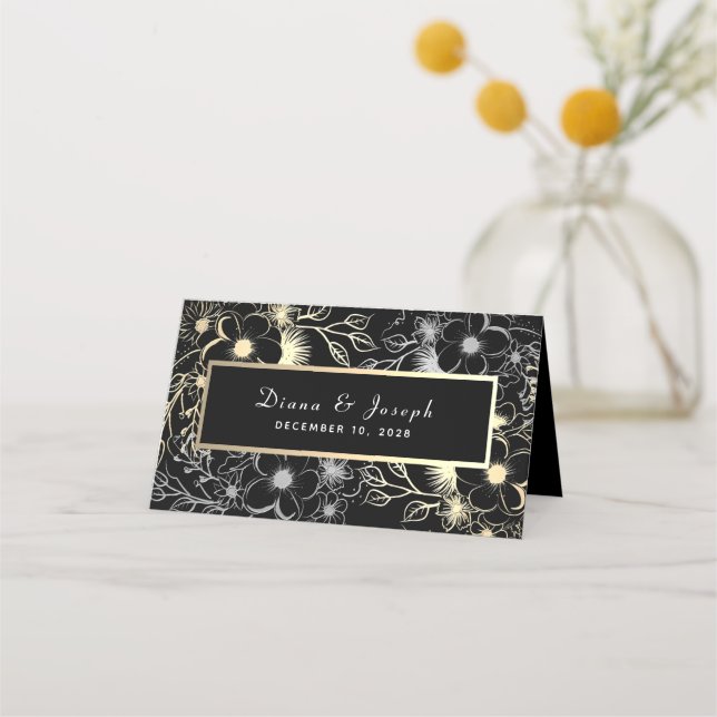 Elegant Black Gold Wedding Place Card (Back)