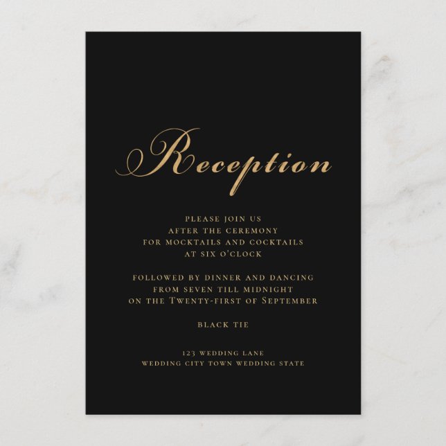 Elegant Black Gold Wedding Script Reception Enclosure Card (Front)