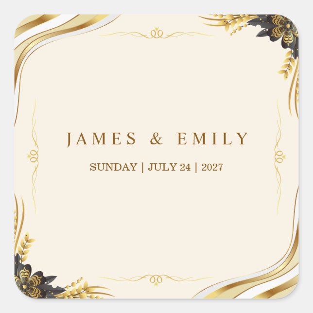 Elegant Black & Gold Wedding Square Sticker (Front)