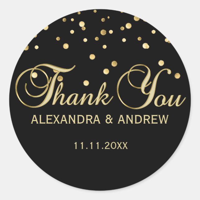 Elegant Black Gold Wedding Thank You Classic Round Sticker (Front)