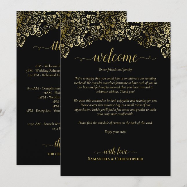 Elegant Black & Gold Wedding Welcome & Itinerary Programme (Front/Back)