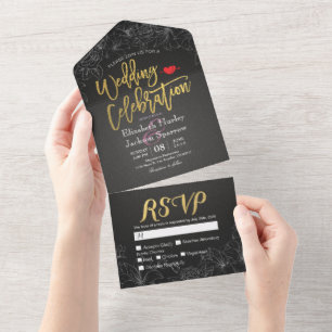 Elegant Black Gold White Floral Frame Wedding RSVP All In One Invitation
