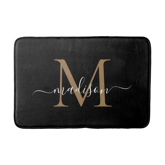 Elegant Black Gold White Monogram Girly Script Bath Mat (Front)