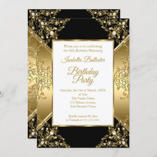 Elegant Black Gold White Pearl Birthday Party 2 Invitation