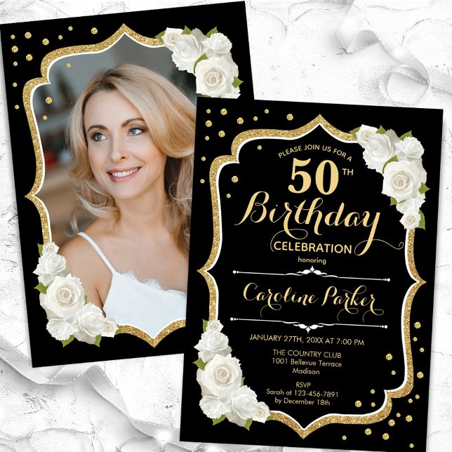 Elegant Black Gold White Photo 50th Birthday Invitation (Creator Uploaded)