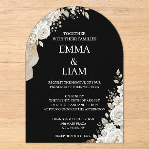 Elegant Black Gold White Rose Arch Shape Wedding Acrylic Invitations