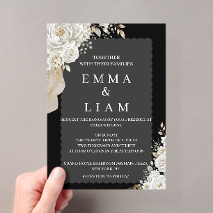 Elegant Black Gold White Rose Scalloped Wedding Acrylic Invitations