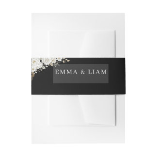 Elegant Black Gold White Rose Wedding Belly Band Invitation Belly Band