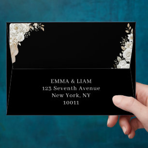 Elegant Black Gold White Rose Wedding Envelope