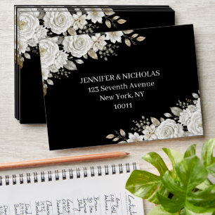 Elegant Black Gold White Rose Wedding Return Envelope