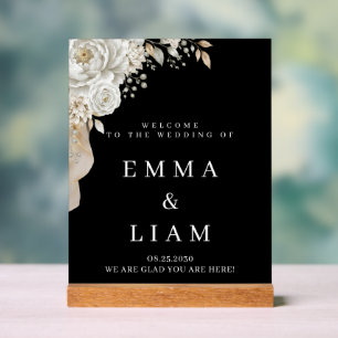 Elegant Black Gold White Rose Wedding Welcome Acrylic Sign