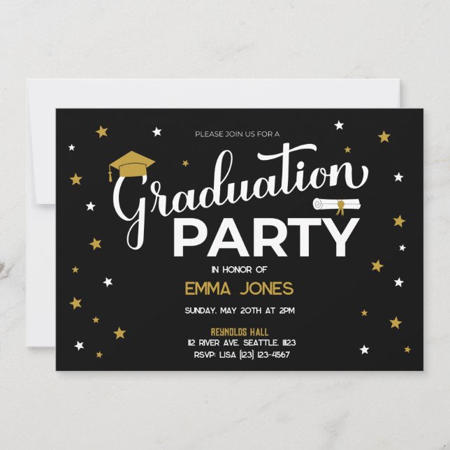 Elegant Black Gold White Stars Tassel Graduation Invitation (Front)