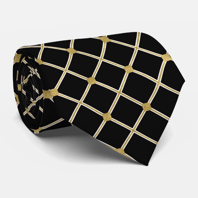 elegant black gold white tiled pattern tie (Rolled)