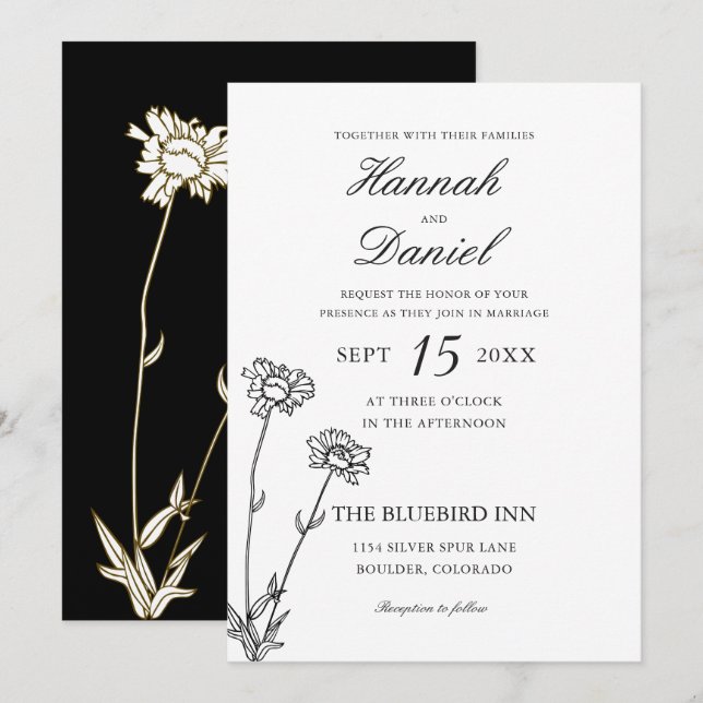 Elegant Black & Gold Wildflower Wedding Invitation (Front/Back)