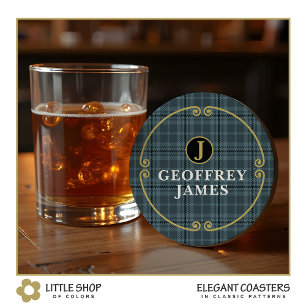 Elegant Black Gold Windowpane Check Monogram Name Round Paper Coaster