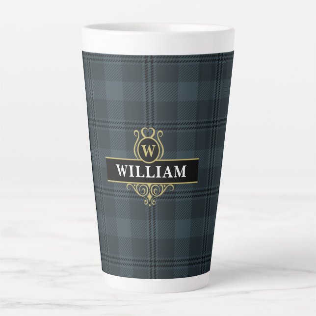 Elegant Black Gold Windowpane Plaid Monogram Latte Mug (Front)