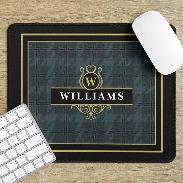 Elegant Black Gold Windowpane Plaid Monogram Mouse Mat (Creator Uploaded)
