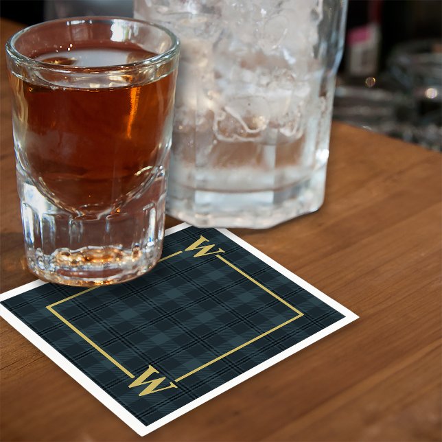 Elegant Black Gold Windowpane Plaid Monogram Napkin (Creator Uploaded)