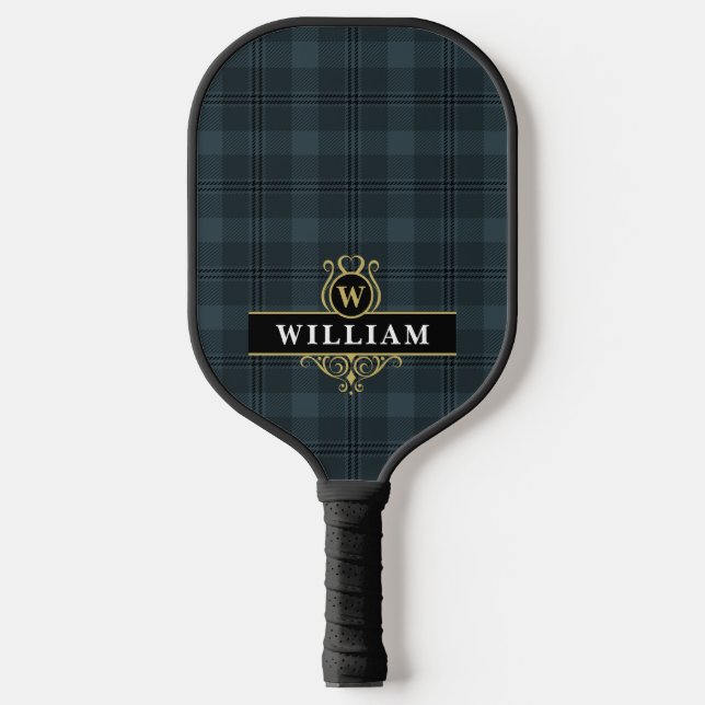 Elegant Black Gold Windowpane Plaid Monogram Pickleball Paddle (Front)