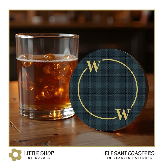 Elegant Black Gold Windowpane Plaid Monogram Round Paper Coaster (Creator Uploaded)
