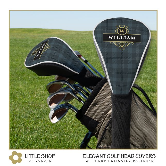 Elegant Black Gold Windowpane Plaid Monogrammed Golf Head Cover (Creator Uploaded)