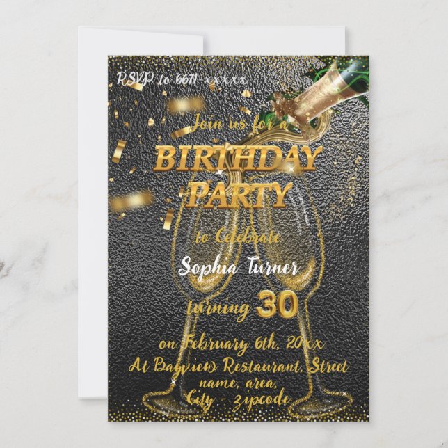 Elegant Black & Gold with Champagne 30th Birthday Invitation (Front)
