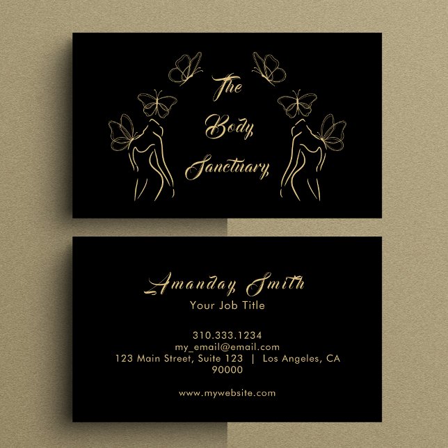 Elegant Black & Gold Women Body Care Wellness  Business Card (Creator Uploaded)