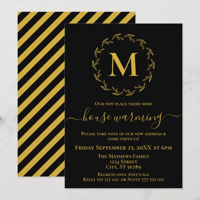 Elegant Black Gold Wreath Monogram House Warming Announcement (Front/Back)