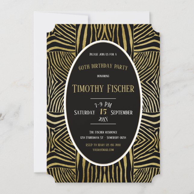 Elegant black Gold Zebra 60th birthday invitation (Front)