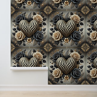 Elegant Black Gold Zebra Heart Roses Peel & Stick Wallpaper