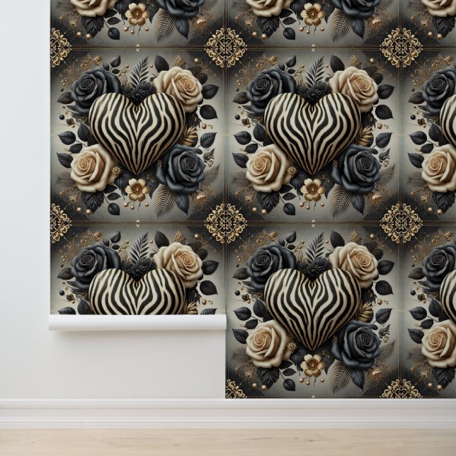 Elegant Black Gold Zebra Heart Roses Peel & Stick Wallpaper (Application)