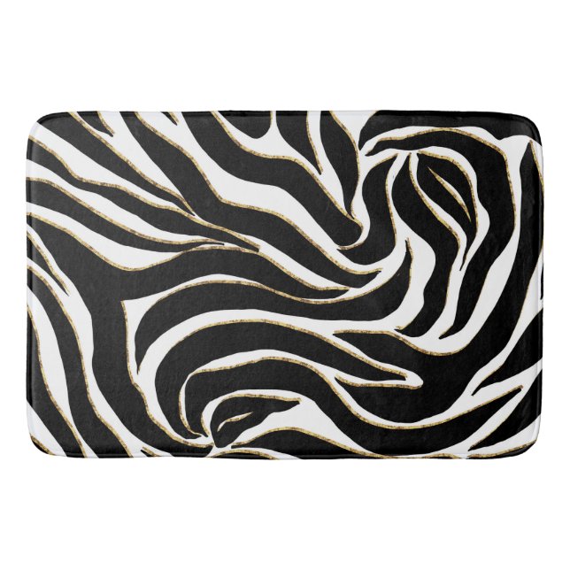 Elegant Black Gold Zebra White Animal Print Bath Mat (Front)