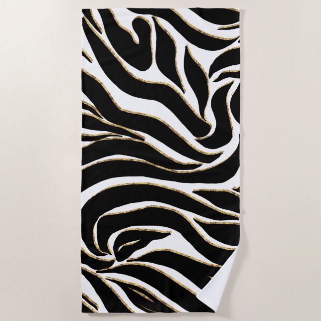 Elegant Black Gold Zebra White Animal Print Beach Towel (Front)