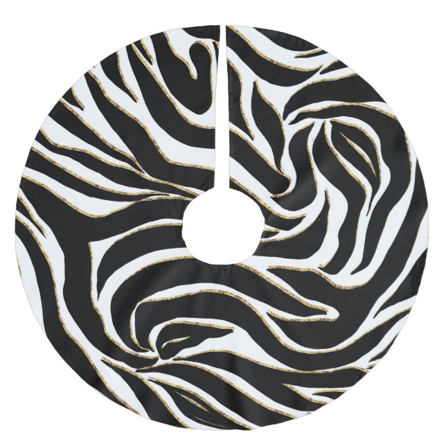 Elegant Black Gold Zebra White Animal Print Brushed Polyester Tree Skirt (Front)